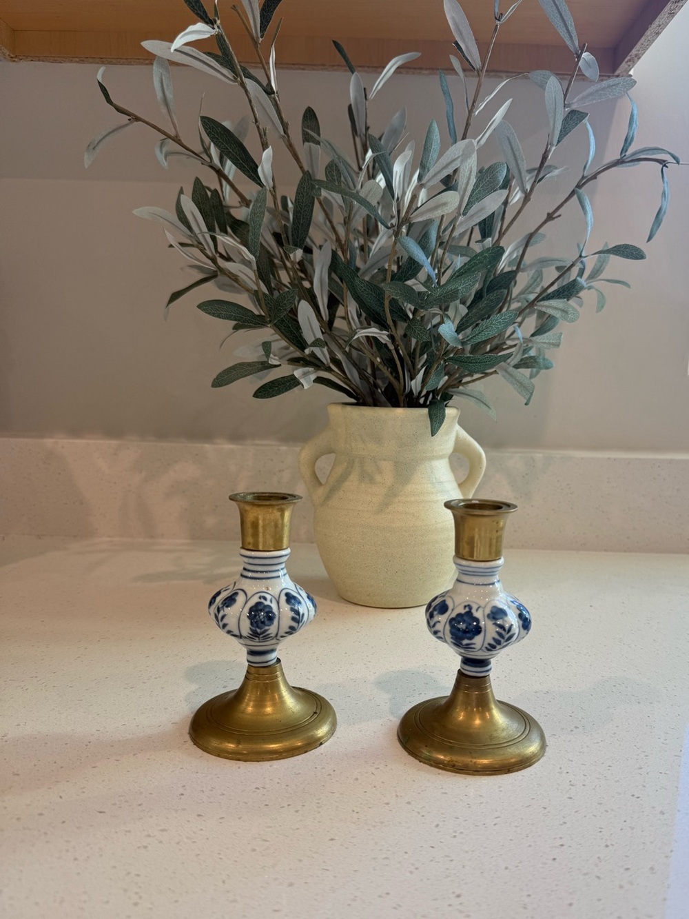 Vintage Pair of Jehvani Delft Blue & White Porcelain and Brass Candlesticks4.75”